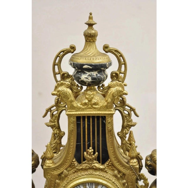 Mid 20th Century Vintage French Louis XV Style Brevettato Italy Brass & Marble Figural Clock Set For Sale - Image 5 of 16