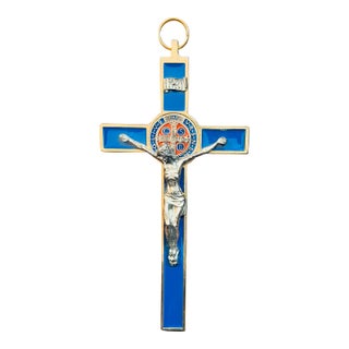 1990s Blessed Vatican Gift: Blue Saint Benedict 7.5” Crucifix For Sale