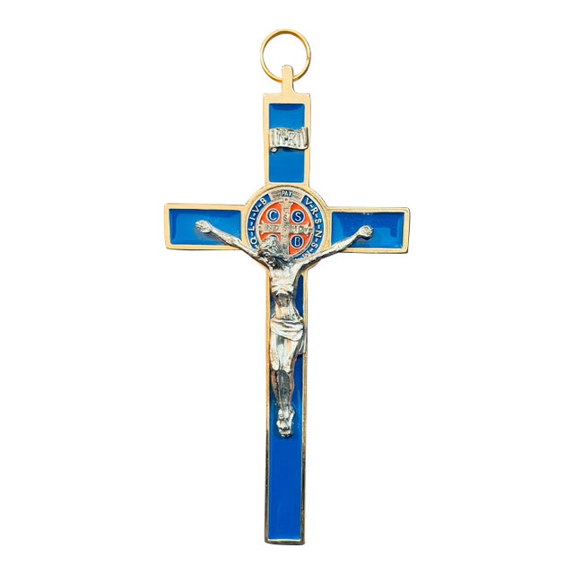 1990s Blessed Vatican Gift: Blue Saint Benedict 7.5” Crucifix For Sale