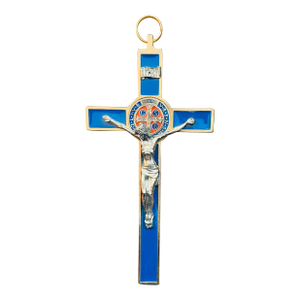 1990s Blessed Vatican Gift: Blue Saint Benedict 7.5” Crucifix