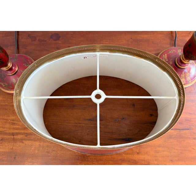 Elegant Red Chinoiserie Table Lamps With Red Tole Shades in the Style of John Rosselli, Pair For Sale - Image 11 of 12