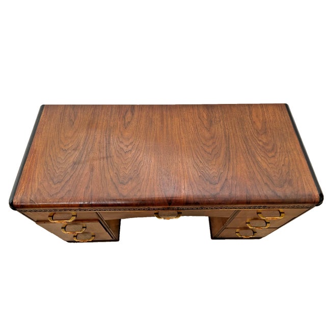 Wood 1930s Art Deco Desk Waterfall Top Seven Dovetail Bakelite Drawers Burl Walnut Carved For Sale - Image 7 of 12