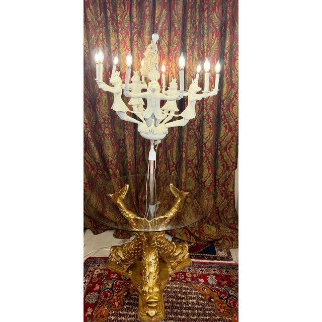 Hollywood Regency Late 20th Century Whimsical White Plaster Finished Monkey Ten-Light Chandelier For Sale - Image 3 of 9
