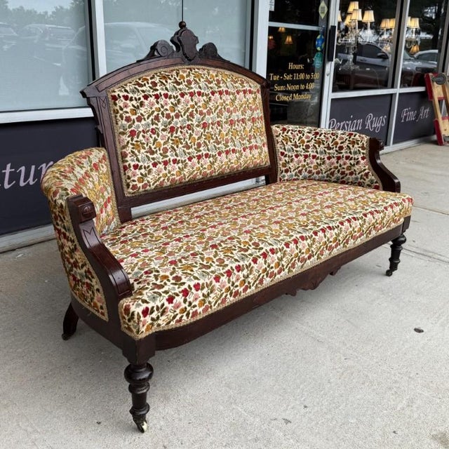 Victorian Antique Eastlake Walnut Settee With Floral Upholstery For Sale - Image 3 of 15