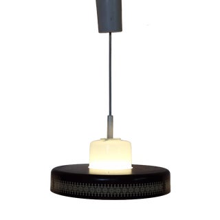 Vintage Hanging Lamp with Opaque White Inner Glass Shade and Brown Metal Trim, 1970s For Sale