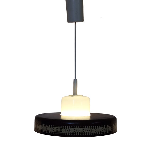 Vintage Hanging Lamp with Opaque White Inner Glass Shade and Brown Metal Trim, 1970s For Sale