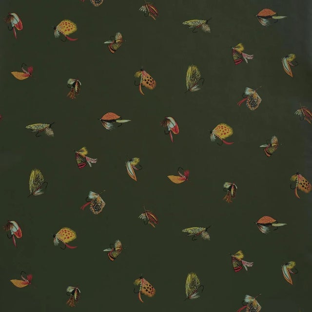 Schumacher Fly Fishing Wallpaper In Forest Green For Sale