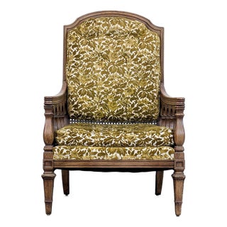 Thomasville Vintage Lounge Chair With Carved Wood Frame and Green Floral Upholstery For Sale