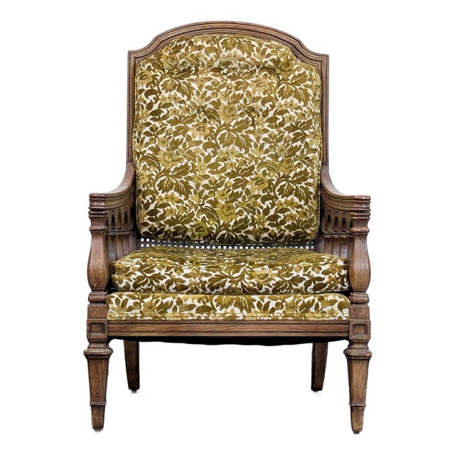 Thomasville Vintage Lounge Chair With Carved Wood Frame and Green Floral Upholstery For Sale