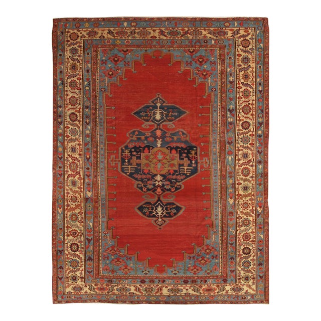 Antique Bakshaish Carpet, Oriental Persian Handmade in Ivory, Blue and Red For Sale