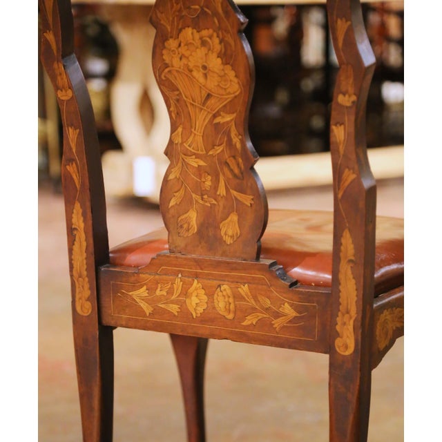 19th C. Dutch Baroque Walnut Inlaid Dining Chairs With Leather Seats, Set of 10 For Sale - Image 11 of 12
