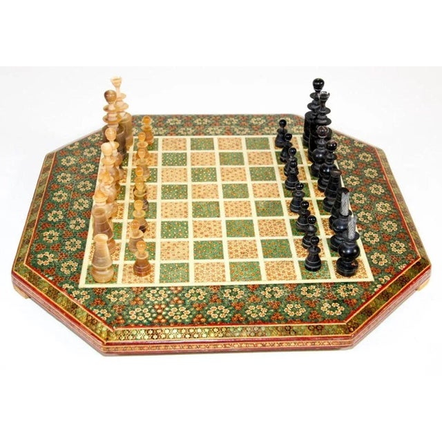Intricately inlaid handcrafted Persian styled chess game board and horn and bone pieces. Handcrafted beautiful Middle...