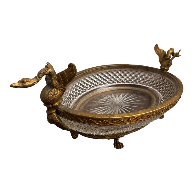 Vintage Cut Crystal & Brass Duck Centerpiece Bowl Elegant vintage oval cut crystal bowl set within an ornate brass-tone...