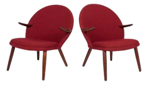 Danish Mid Century Modern Red Upholstery Lounge Chairs by Kurt Olsen, 1960s