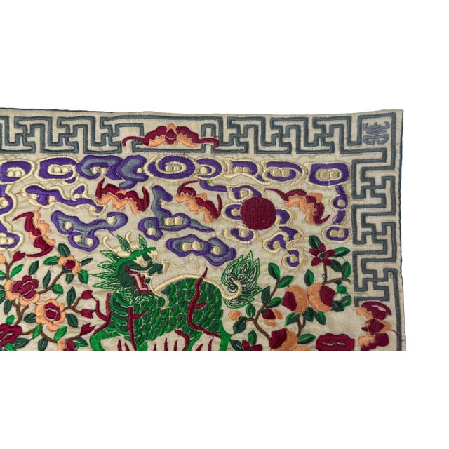 Asian Rectangular Green Kirin Bats Blossom Flower Fabric Display Art For Sale - Image 4 of 10