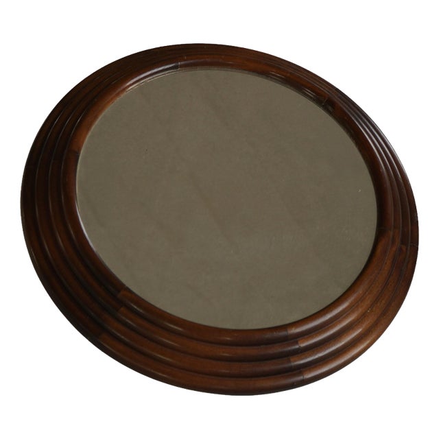 Vintage Round Wooden Decorative Wall Mirror, 1950s For Sale