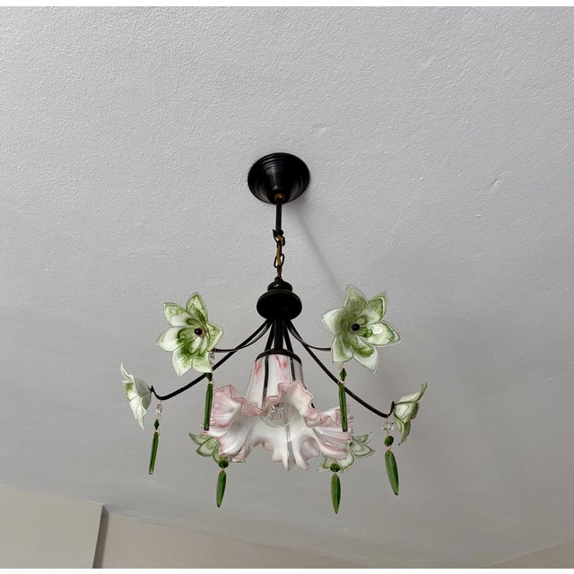 Vintage Murano Style Chandelier – Rare Pink & Green Art Glass For Sale - Image 11 of 13