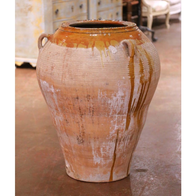 French 19th Century French Glazed Terracotta Olive Oil Jar With Handles and Spout For Sale - Image 3 of 12