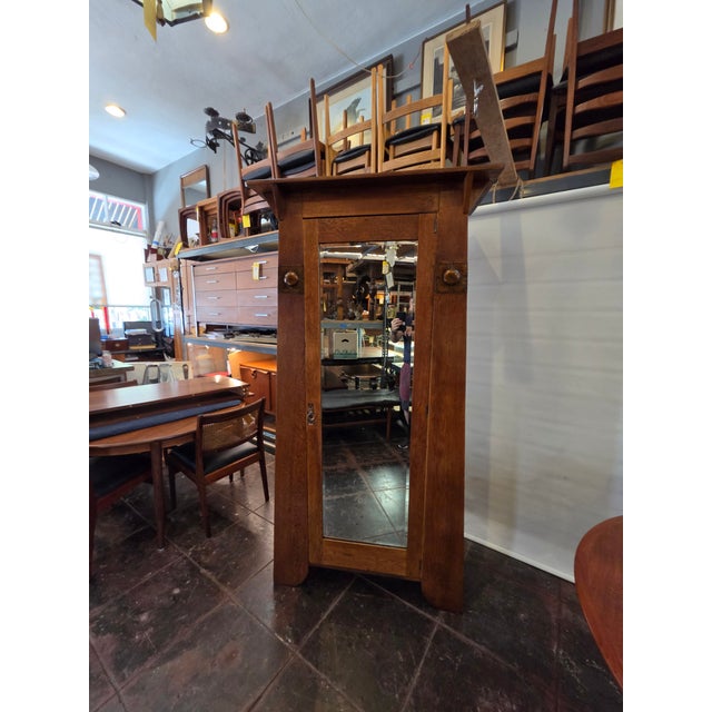 Arts & Crafts Liberty Style Oak Mission Armoire Hand Hammered Copper Accents For Sale - Image 9 of 13
