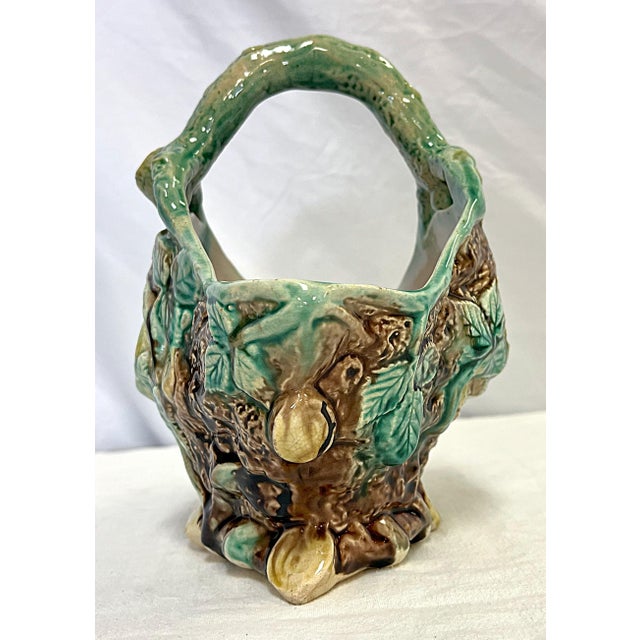 Mid 20th Century Vintage Italian Majolica Faux Bois Birds Nest Ceramic Basket Vase For Sale - Image 5 of 12