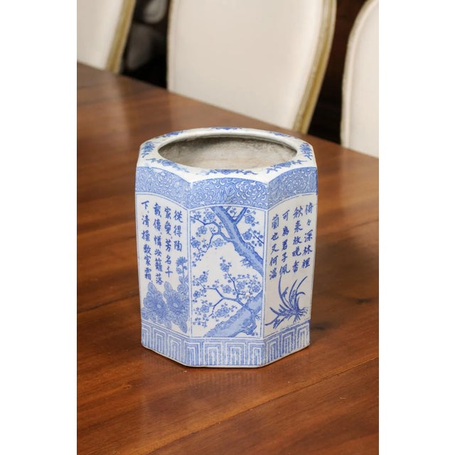 Vintage Chinese Blue & White Hexagonal Porcelain Vase with Hand-Painted Foliage Décor For Sale - Image 10 of 13