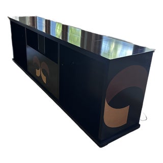 Monumental Custom Media Console With Inlaid Wood Art Panels — 103” For Sale