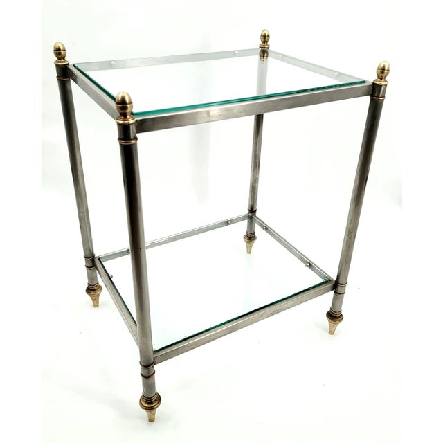 Silver Mid 20th Century Maison Jansen Style Steel and Brass 2-Tier Glass Side Table For Sale - Image 8 of 8