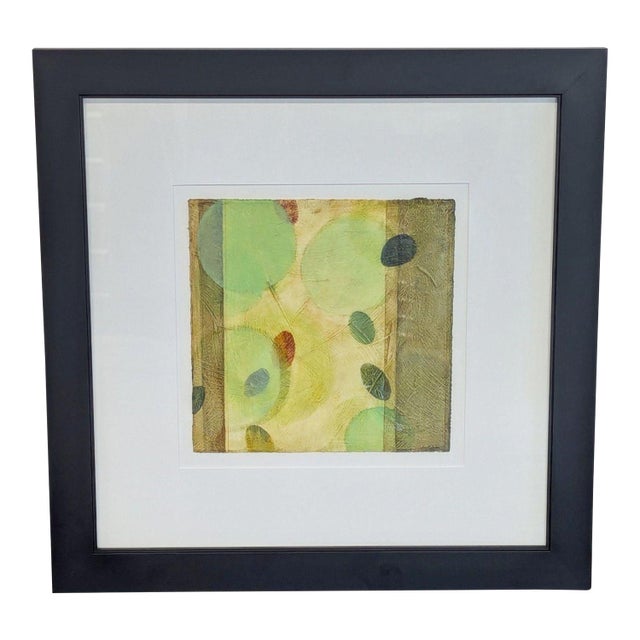 Ines Kramer Framed Abstract Original Mixed Media Painting With Green Circles, Signed, 2000 For Sale