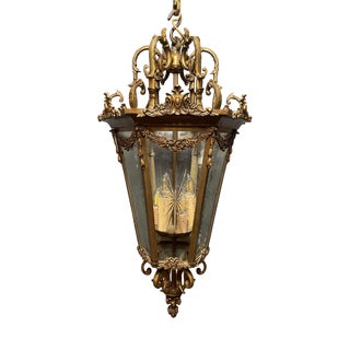 Large French Gilded Bronze Hall Lantern with Beveled Star-Cut Glass For Sale