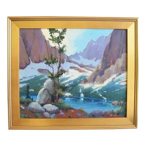 Silvio Silvestri, Listed Artist Snowy Mountain Lake Landscape Oil Painting W/ Antique Gold Wood Frame