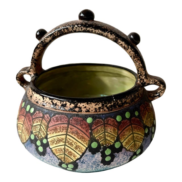 Vintage BFS Czechoslovakia Art Deco Hand Painted Pottery Bowl With Handle Leaf and Berry Design For Sale