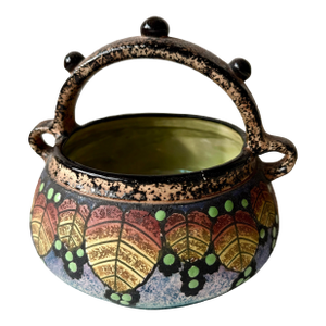 Vintage BFS Czechoslovakia Art Deco Hand Painted Pottery Bowl With Handle Leaf and Berry Design