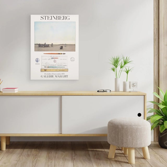 Reproduction Galerie Maeght art exhibition lithograph poster featuring Saul Steinberg from 1973. Measures 23.25" x 31"...