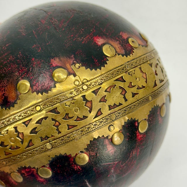 Wood French Antique Bowling Ball With Brass Decoration For Sale - Image 7 of 12