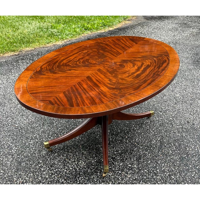 Regency Style Flame Mahogany Banded Oval Coffee Table For Sale In New York - Image 6 of 8