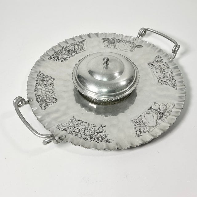 1950s Vintage Boho Chic Arts & Crafts Hand Wrought Etched Aluminum Round Serving Tray For Sale - Image 4 of 12