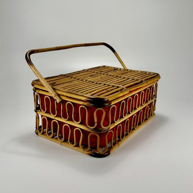 Brown Mid-Century Bamboo and Red Wool Picnic Basket, Italy, 1960s For Sale - Image 8 of 8