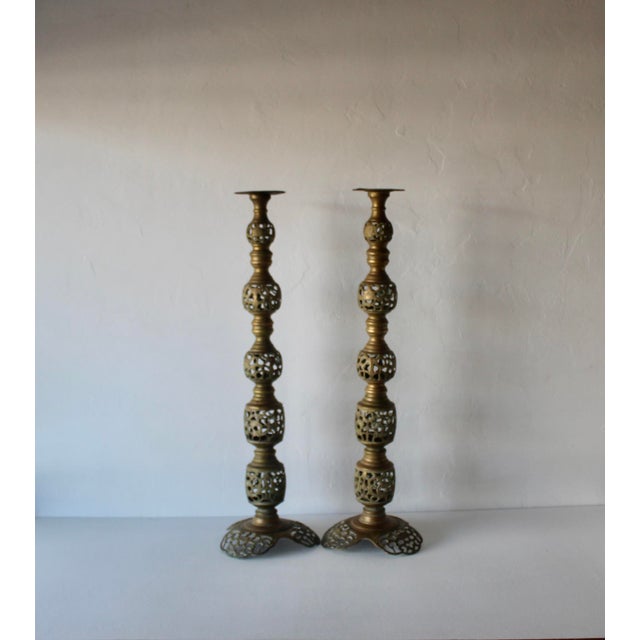 Vintage Altar Size Pierced Brass Floor Candlestick Holders Ornate Reticulated Design Mid Century For Sale - Image 12 of 15