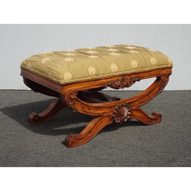 Gorgeous Bench in Good Vintage Condition. Solid and Firm. The Fabric has some very light stains. Otherwise, Wear is usual...