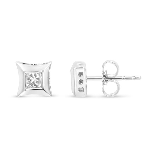 Haus of Brilliance Sterling Silver 1/3 Cttw Princess Cut Diamond Square Stud Earrings For Sale - Image 4 of 5