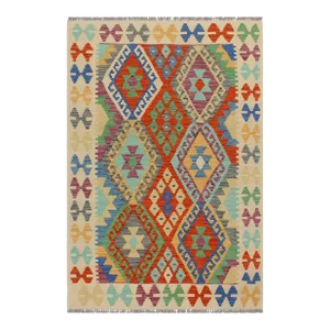 Abstract Kilim Rust Beige Wool Rug - 3'3" X 5'0"