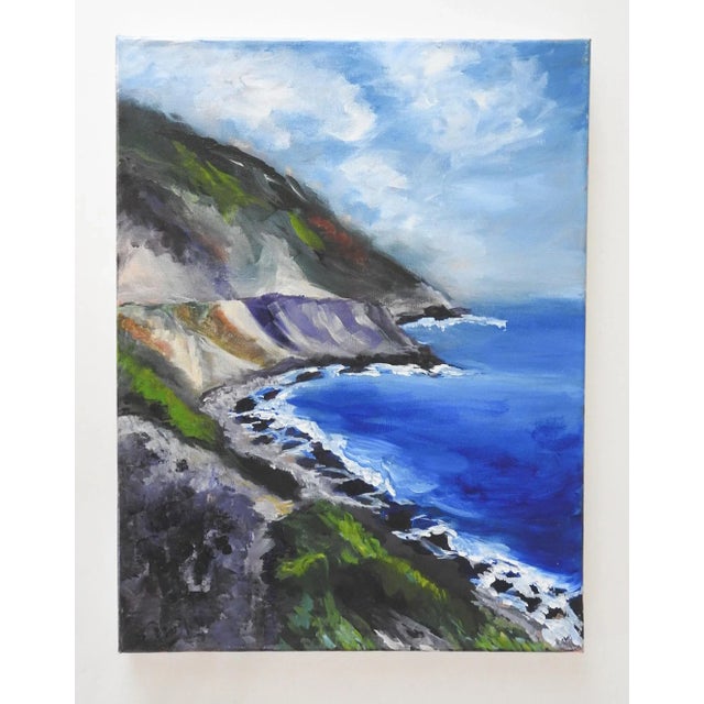 Late 20th century acrylic on canvas painting of coastal landscape. Unsigned. Unframed.