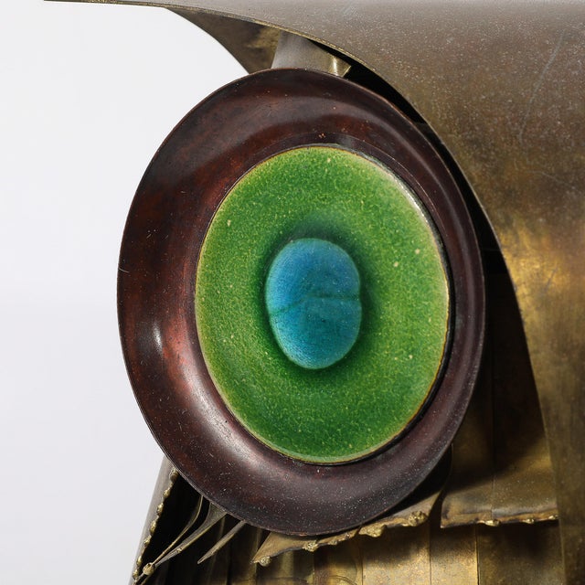 Mid-Century Modern Mid-Century Antiqued Brass & Glass Owl Sculpture Signed Curtis Jere For Sale - Image 3 of 12