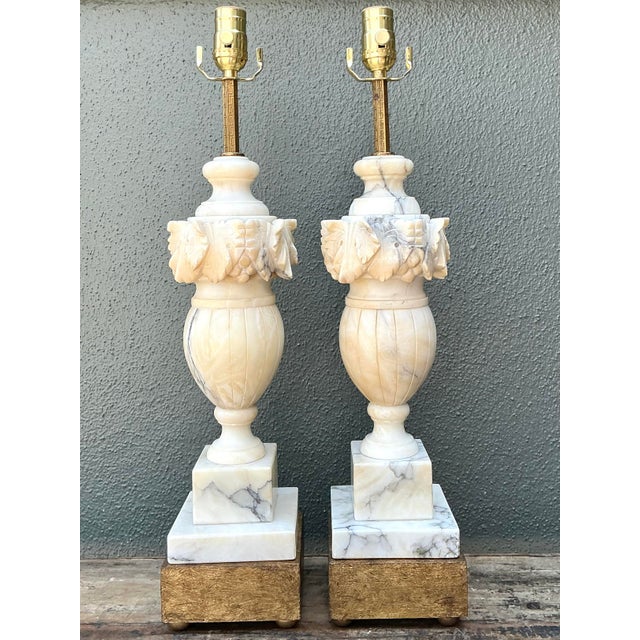 Vintage Carved Alabaster Leaves Lamps - A Pair For Sale - Image 4 of 12