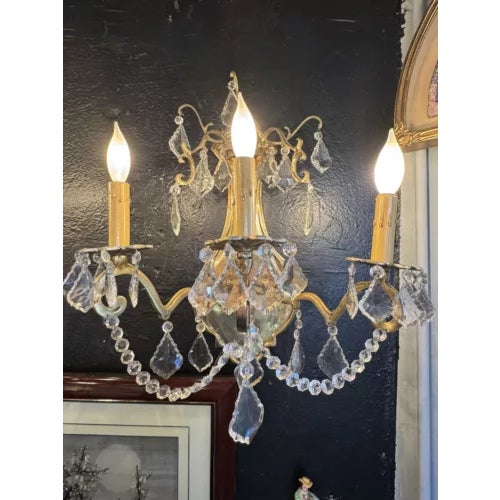 Pair of 1980s Contemporary Rococo Style Brass and Crystal Bi Level Three Light Sconces For Sale - Image 11 of 12