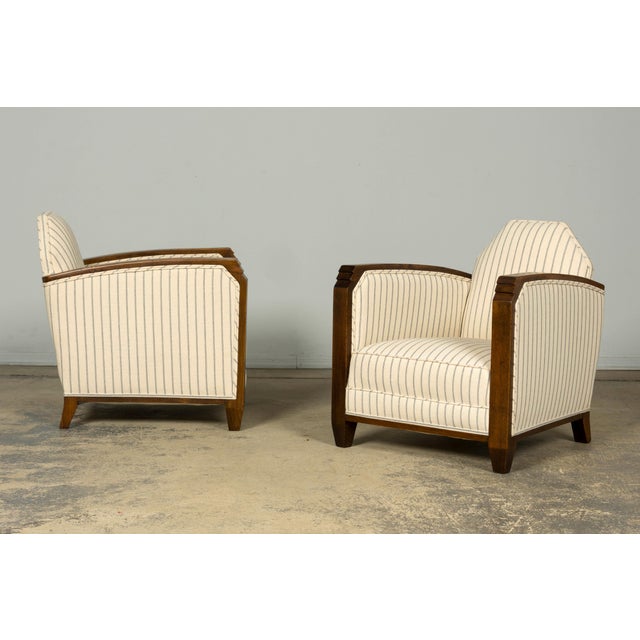 Pair of 1930s French Art Deco Oak Lounge Chairs in Blue Striped Fabric For Sale - Image 16 of 17
