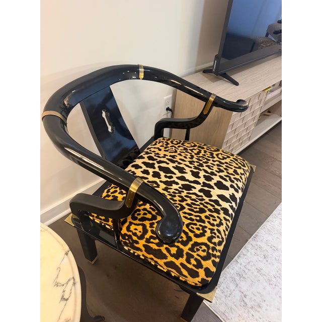 1960s 1960s Pair of James Mont Style Chinoiserie Black Lacquer Armchairs in Serengeti Leopard For Sale - Image 5 of 12