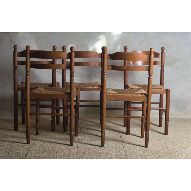 Wood Antique French Country Dining Chairs Rush Seats, 1960s, Set of 5 For Sale - Image 7 of 11