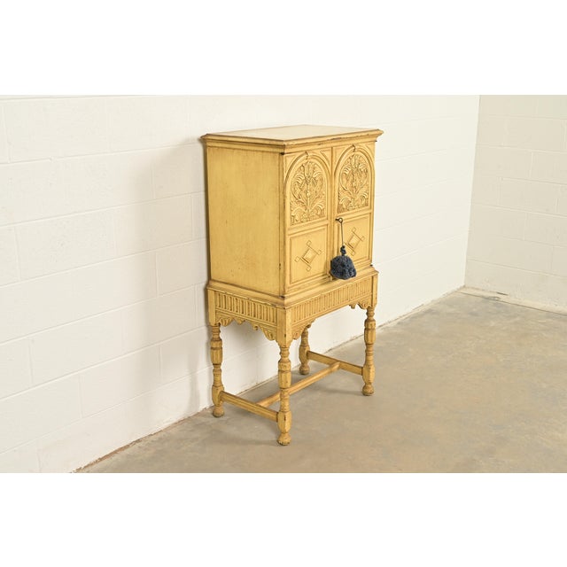 Berkey & Gay Berkey & Gay Antique English Jacobean Cream Painted Lift Top Bar Cabinet, Circa 1920s For Sale - Image 4 of 16