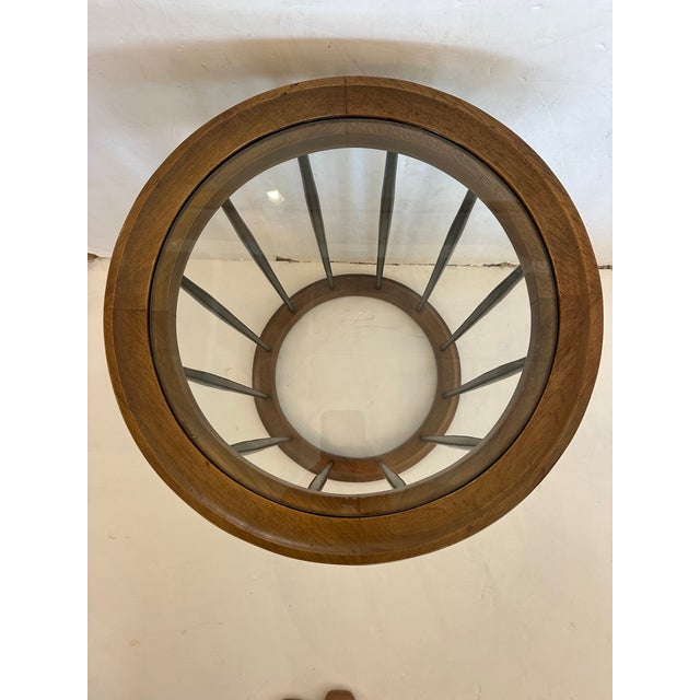 1960s Round Midcentury Modern End Table With Glass Top and Ebonized Wood Spindles For Sale - Image 5 of 8